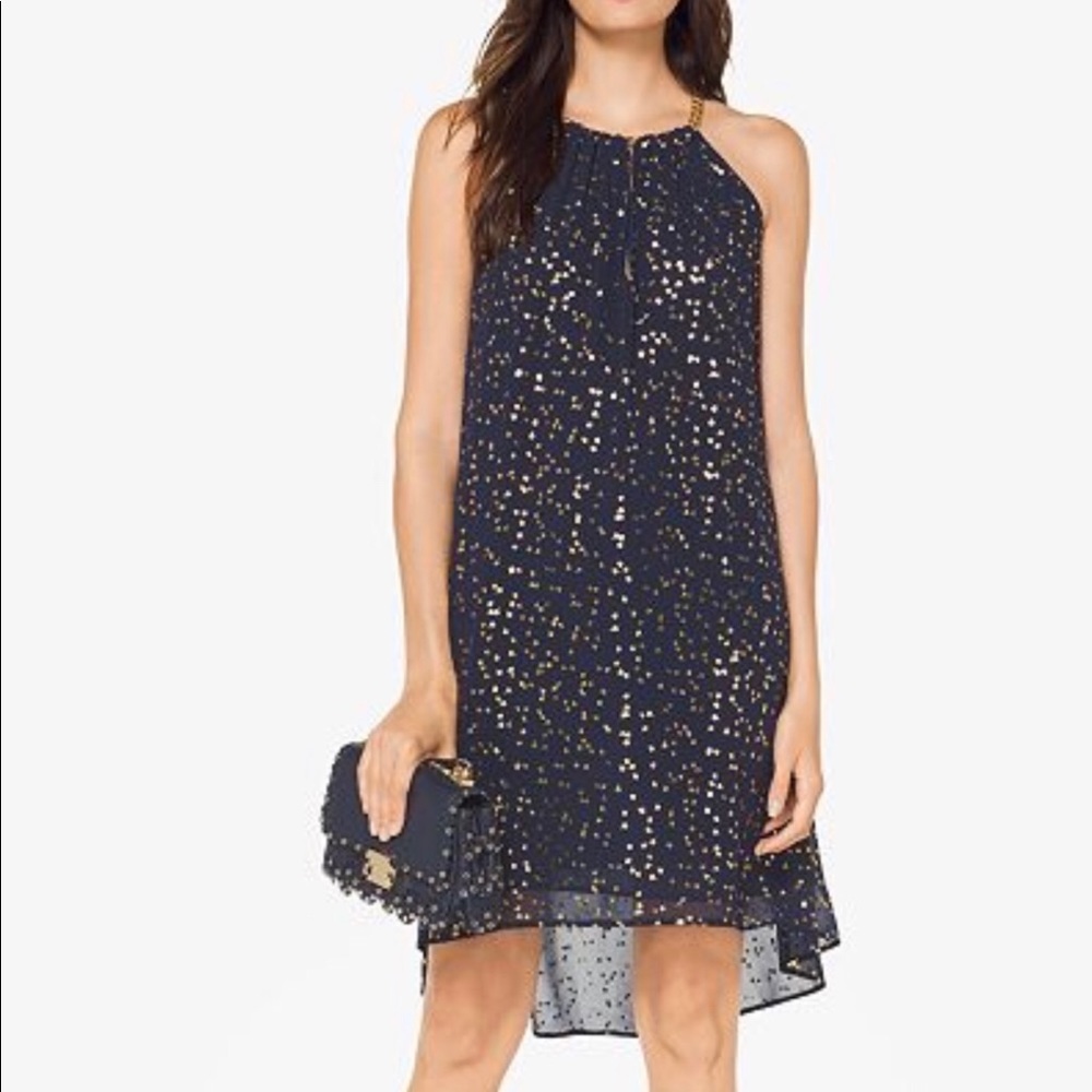 Michael Kors Navy Hi-Lo Gold Print Dress Small NEW